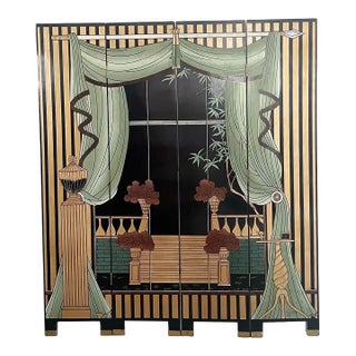 Vintage Art Deco Room Divider - Double Sided Recessed Black Lacquer Four Panel Folding Screen For Sale