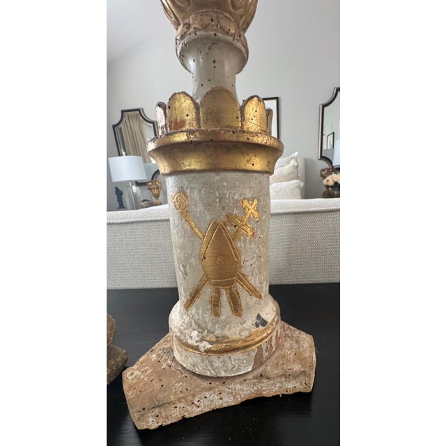 Pair of Antique Italian Painted Wood Candlesticks With Aged Patina For Sale - Image 9 of 15
