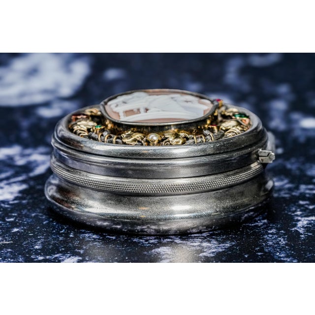 Magnificent Antique Grand Tour Box 19th Century Carved Shell Cameo Mixed Metals Gemstones Zeus Neoclassical Continental Silver For Sale - Image 13 of 15