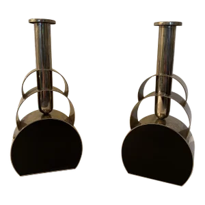 Mid-Century Modern Chrome & Black Enamel Candlesticks or Bud Vases - a Pair
