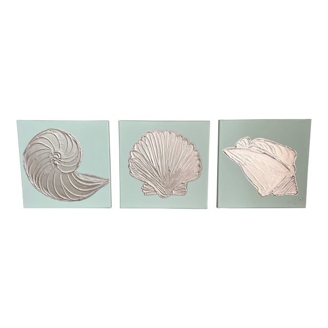 Mint & Silver Seashell Trio Canvas Art Collection, Designed by Cheryl P. Kohloff For Sale