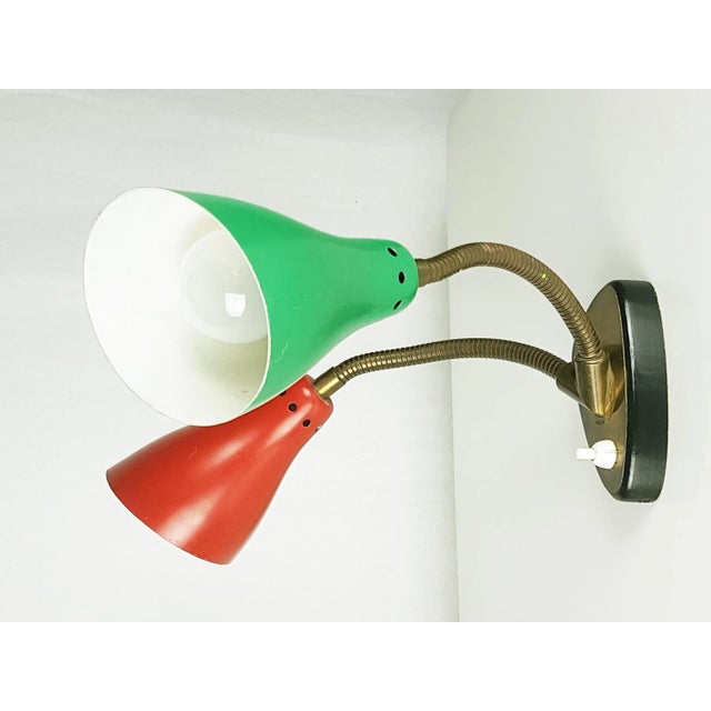 Metal Red & Green Brass and Black Wood Adjustable Wall Lamp, 1960s For Sale - Image 7 of 12