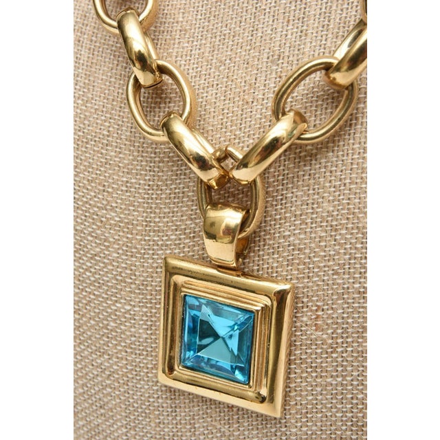 Metal Vintage Givenchy Brass Chain and Link Necklace With Turquoise Glass Pendant Medallion For Sale - Image 7 of 8