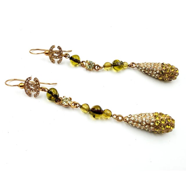 Chanel Chanel Vintage Gold Plated CC Golden Brown Gemstone Tear Drop Long Earrings, A Pair For Sale - Image 4 of 7
