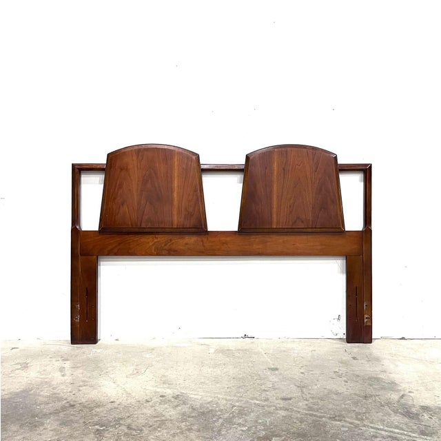 Lane First Edition mid-century modern full or queen headboard from the Scandia collection, circa 1960s. Crafted in walnut...