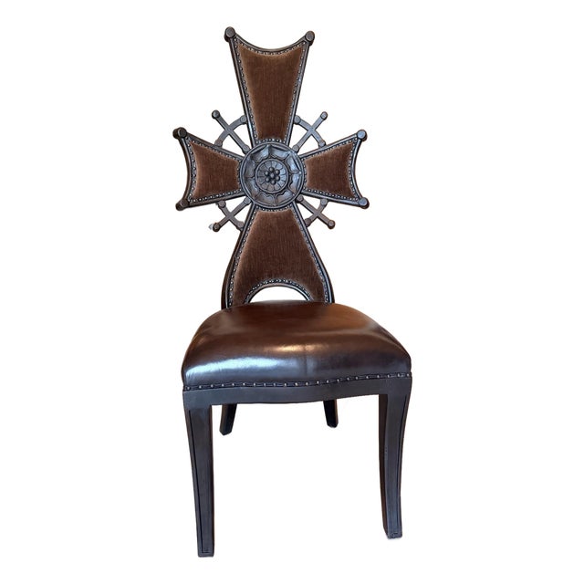 Iron Cross Gothic Accent Chair in Brown Velvet and Leather With Nailhead Trim For Sale