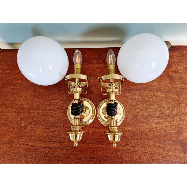 Hollywood Regency Brass Wall Sconces with White Opaline Glass Globes, 1970s, Set of 2 For Sale - Image 11 of 13