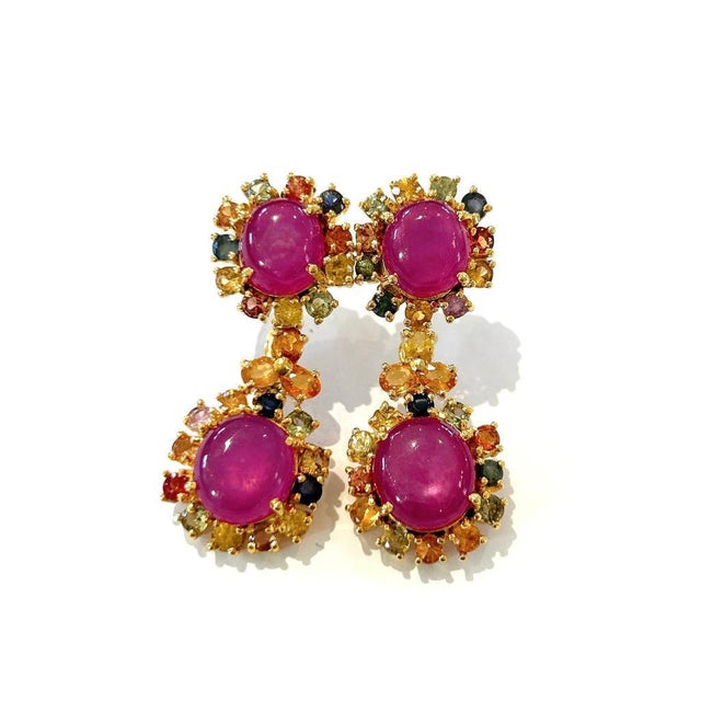Bochic "Orient" Vintage Ruby & Multi Sapphire Earrings Set In 18K Gold & Silver For Sale - Image 17 of 18