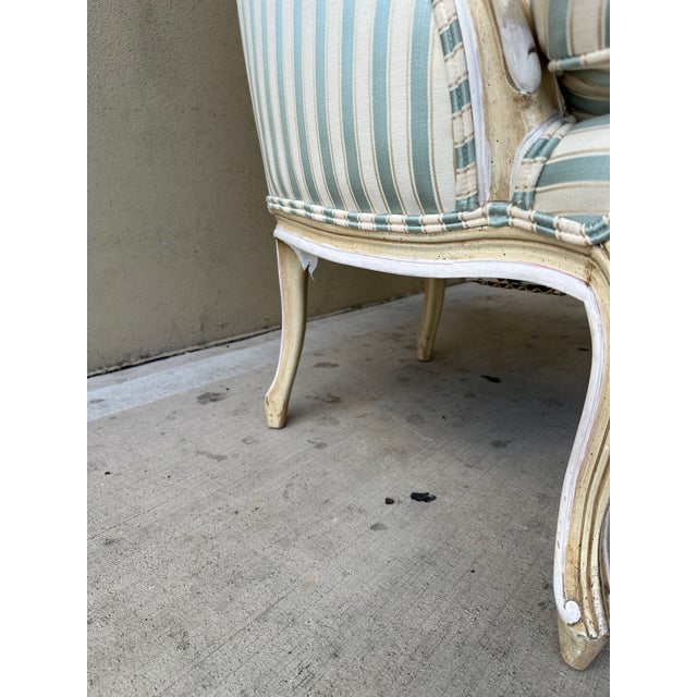 Vintage French Louis XV Style Striped Silk Bergère Chair With Matching Pillow For Sale - Image 14 of 16