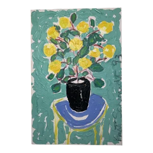Expressionist Impasto Still Life Painting 'Yellow Flowers in Black Pot' by Kurt Schmidt 1993