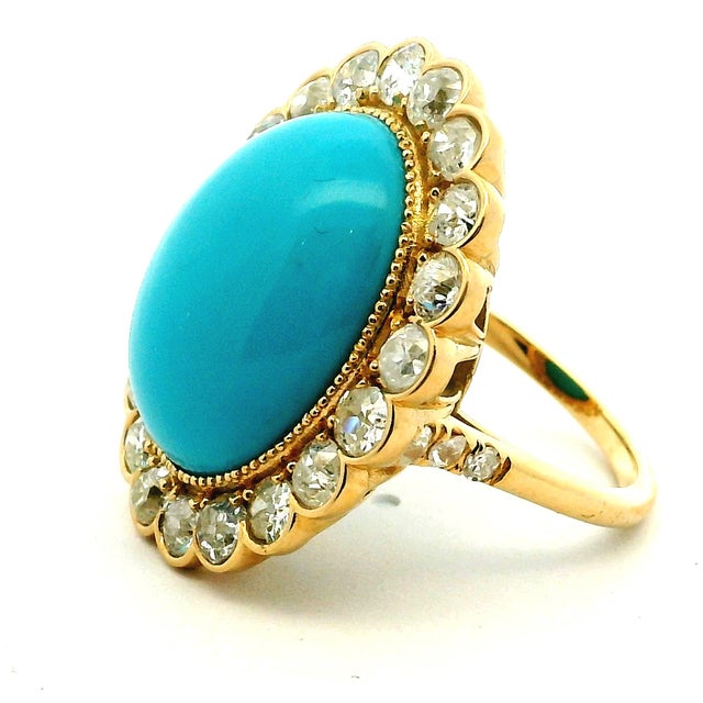 Antique 18k Gold Turquoise & Diamond Halo Ring, Size 6.75 For Sale In Miami - Image 6 of 10