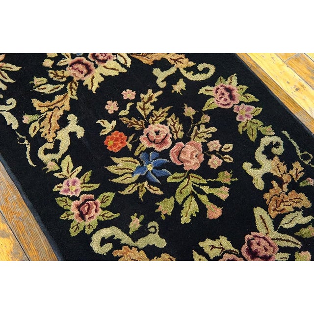 1920s Black Floral Folk Art Antique American Hooked Rug 2'4" X 4'2" Handwoven Wool Carpet For Sale - Image 4 of 5