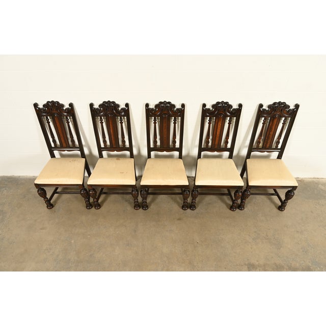 1920s Berkey & Gay Antique English Jacobean Carved Walnut Dining Chairs, Set of Five For Sale - Image 5 of 13