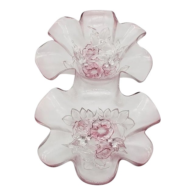 Mikasa Rosella Pink Frosted Glass Divided Dish, Romantic Floral Vanity or Entertaining Tray For Sale