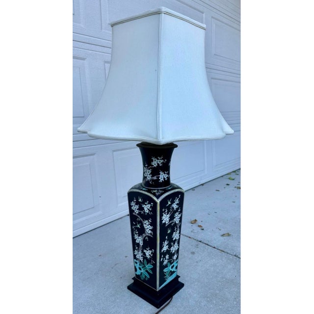 Antique Large Chinese Famille Noire Square Porcelain Vase Table Lamp 36" For Sale - Image 10 of 18