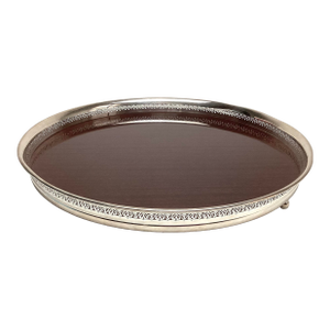 Vintage Mid Century Crescent Formica Footed Tray Wood Grain With Silverplate Rim