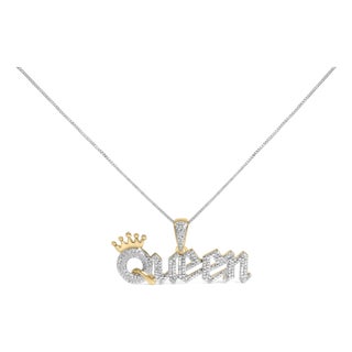 14K Yellow Gold Plated Sterling Silver 1/10 Cttw Diamond “Queen” Nameplate Pendant Necklace For Sale