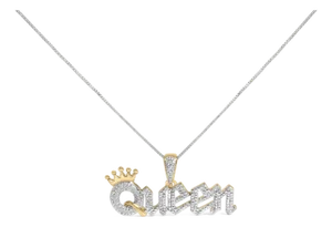 14K Yellow Gold Plated Sterling Silver 1/10 Cttw Diamond “Queen” Nameplate Pendant Necklace