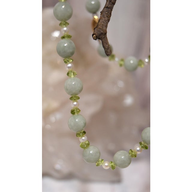 Natural Green Jadeite Beaded Necklace With Pearls and Peridot 14k Gold For Sale - Image 11 of 13