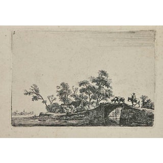 Antonie Waterloo, Shepherd with Cattle on a Wooden Bridge, 17th Century, Etching For Sale