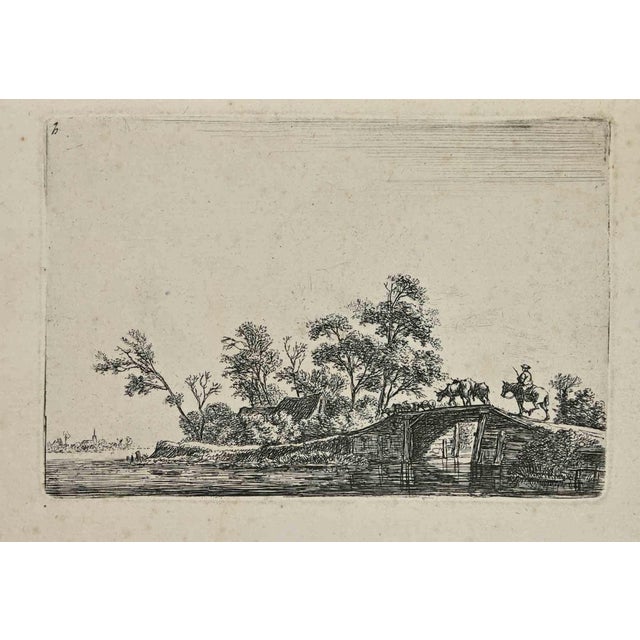 Antonie Waterloo, Shepherd with Cattle on a Wooden Bridge, 17th Century, Etching For Sale
