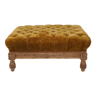 Italian Tufted Mustard Velvet Rectangular Carved Ottoman For Sale