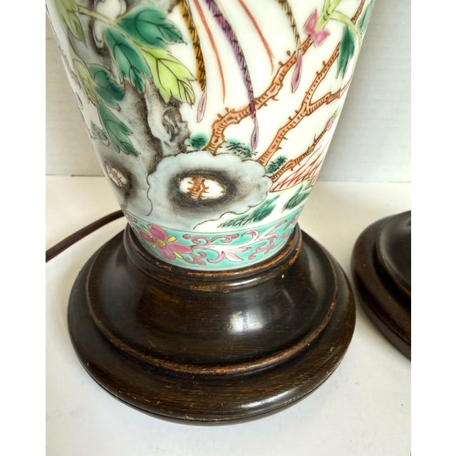 Vintage Chinese Chinoiserie Porcelain Table Lamps With Birds, Chrysanthemums & Pleated Shades - a Pair For Sale - Image 11 of 12