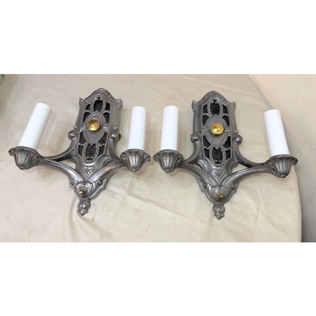 Victorian Pair of Antique Ornate 2-Arm Pewter Silver Gold Electric Wall Sconces Fixture For Sale - Image 3 of 10
