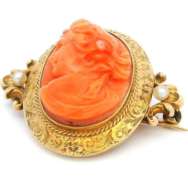Late 19th Century Victorian Hand-Carved Mediterranean Coral Cameo Brooch in 14k Gold With Seed Pearls For Sale - Image 9 of 13
