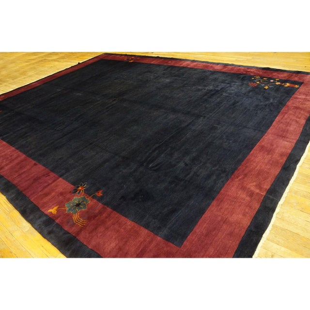 Art Deco 1920s Solid Blue Open Field Antique Chinese Art Deco Knotted Rug 11' 2" X 14' 2" For Sale - Image 3 of 11
