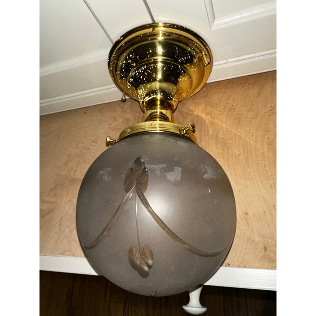 American Vintage Cut Frosted Round Shade With Brass Flush Mount Ceiling Fixture For Sale - Image 3 of 4