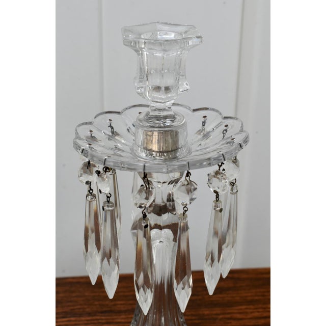 Art Nouveau Vintage Art Nouveau Style Pair of Crystal Candlesticks W/Hanging Prisms For Sale - Image 3 of 12