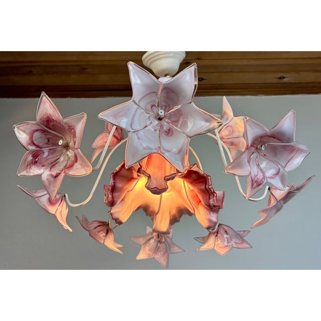 Pink 1980s Murano Style Pink Glass Floral Chandelier With White Frame For Sale - Image 8 of 11