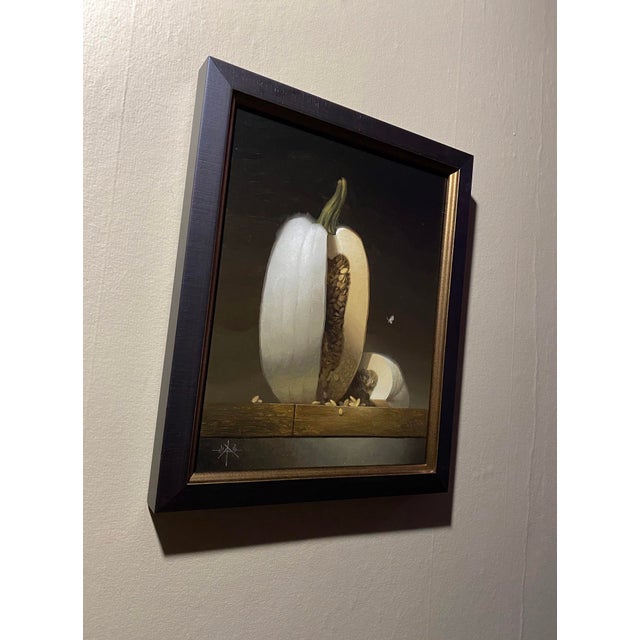 Contemporary Asunder by Blair Atherholt | Oil on Panel Still life of a halved white pumpkin with seeds For Sale - Image 3 of 5