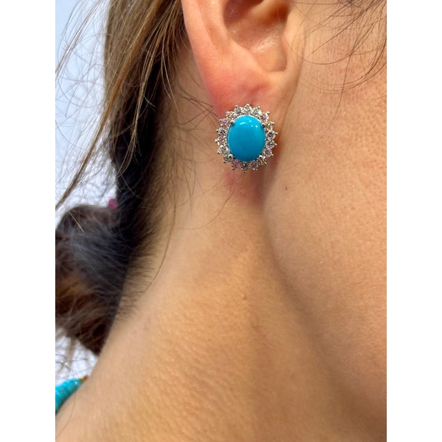 8 Ct Oval Sleeping Beauty Turquoise 1.5ct Diamond Stud Earrings 14 K Yellow Gold For Sale - Image 14 of 18