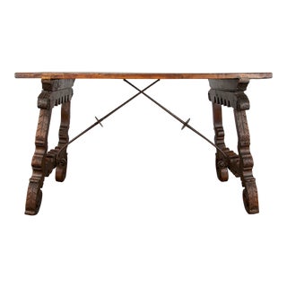 19th Century Spanish Baroque Carved Walnut Farmhouse Dining Table For Sale
