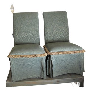 Pair of Sea Foam Green Drexel Dining/Side Chairs With Short Cotton Fringe Framing the Seat For Sale