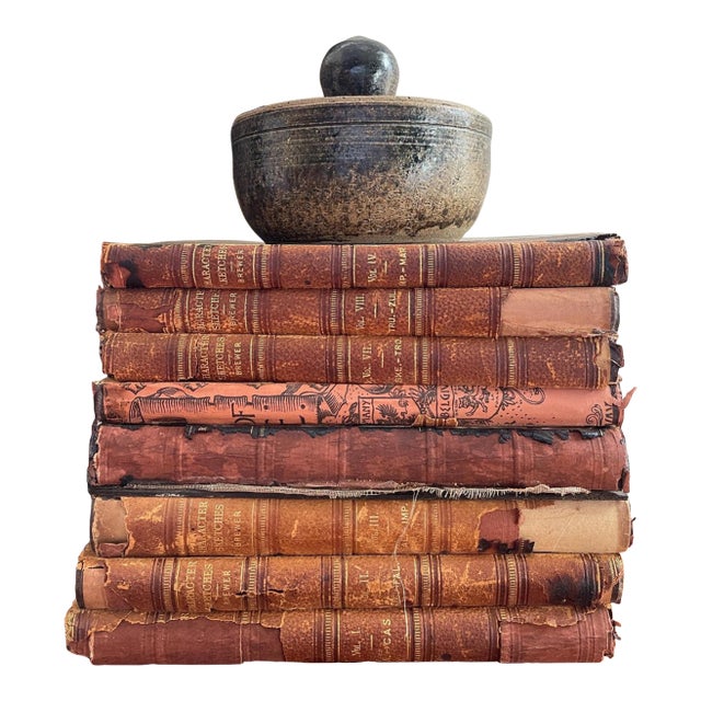 Set of Eight (8) 1896 Character Sketches of Romance Fiction and the Drama Leather Antique Books Decorative Book Bookshelf Decor For Sale