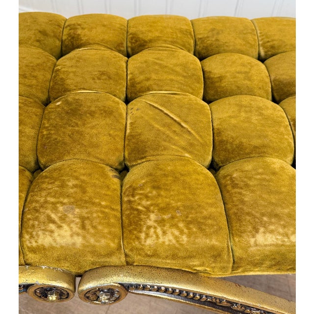 Vintage French Regency Double X Gilded Green Velvet Tuft Window Bench For Sale - Image 9 of 15