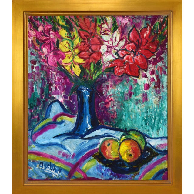 Vintage post impressionist floral still life painting of Gladiola flowers in a vase on a table with a plate of fruit. Oil...