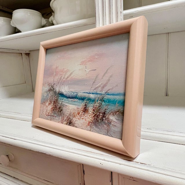 Vintage Coastal Seascape Pink Sunset Breaking Waves Original Oil on Canvas Painting Signed and Framed For Sale - Image 9 of 13