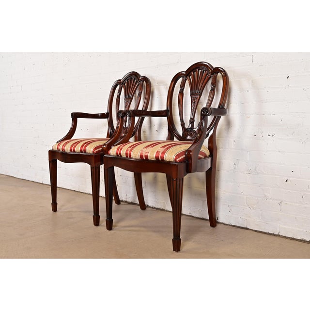 English Baker Furniture Style Federal Carved Mahogany Shield Back Armchairs, Pair For Sale - Image 3 of 13