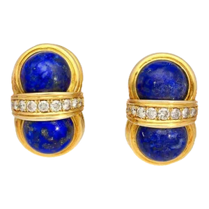 Vintage Cabochon Cut Lapis Lazuli and Diamond 18k Yellow Gold Clip-On Earrings - 2 Pieces