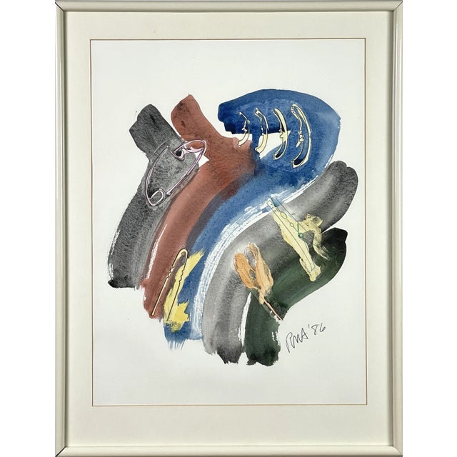 Glass 1986 Abstract Watercolor with Clothespin by Russ Armstrong, Framed For Sale - Image 7 of 7