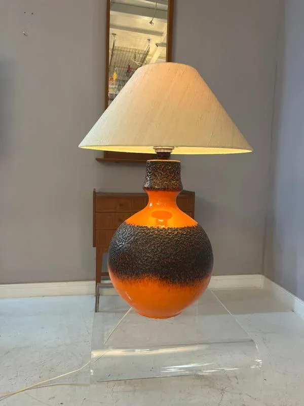 Orange and Brown Fat Lava Ceramic Table Lamp with Silk Shade from