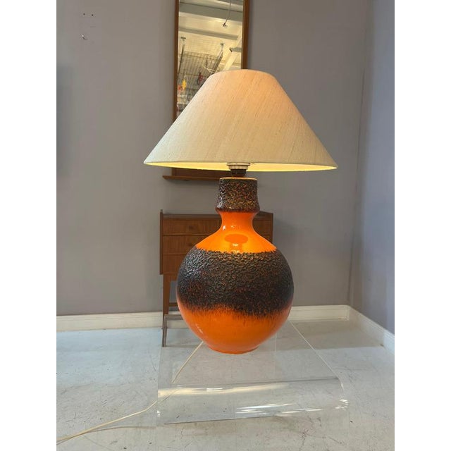 Orange and Brown Fat Lava Ceramic Table Lamp with Silk Shade from Jasba For Sale - Image 3 of 11