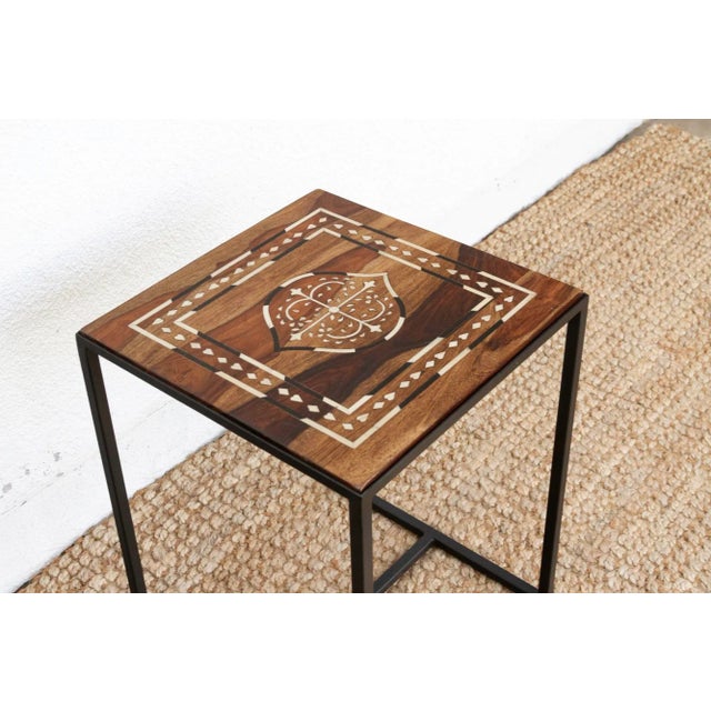 Modern Iron & Inlaid Wood Side Table For Sale - Image 4 of 8