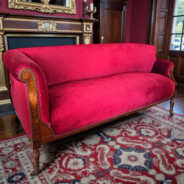 Ruby Merlot 2p Import French Silk Velvet Fabric Vintage Settee Sofa + Bench Set For Sale - Image 12 of 12