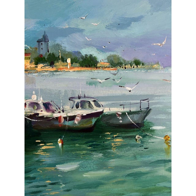 Blue Oil Painting Boat Landing in Front of the Sea Yuriy Suprunchuk For Sale - Image 8 of 11