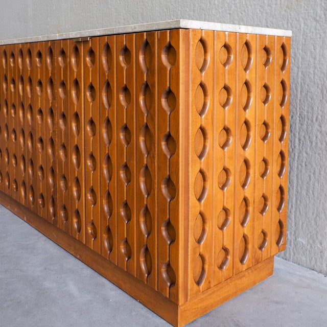 Brutalist Carved Wood Sideboard with Travertine Top For Sale - Image 14 of 17